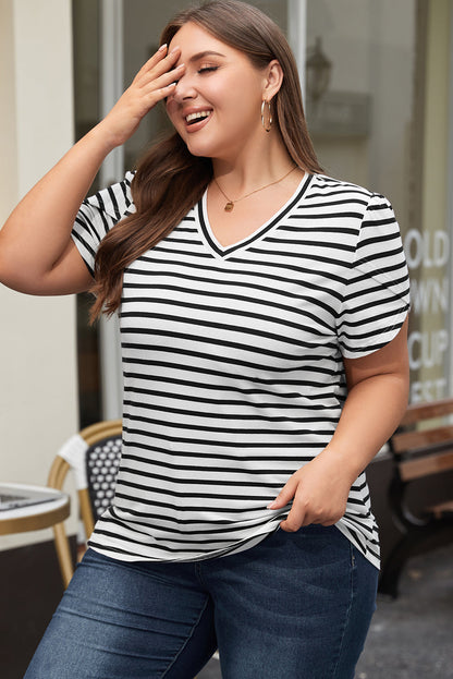 Elegant White Striped V Neck Petal Sleeve Plus Size Tee