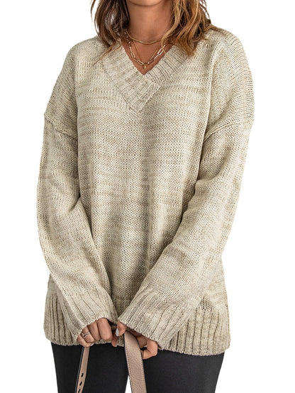 Khaki Drop Shoulder V-Neck Knit Pullover Sweater