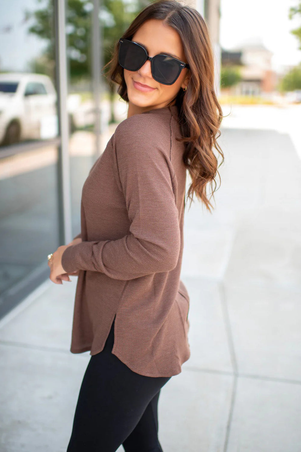 Old Rose Solid Color Thermal Knit Exposed Seam Raglan Sleeve Top