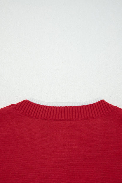Fiery Red Contrast Trim Big Bow Accent Holiday Cropped Sweater