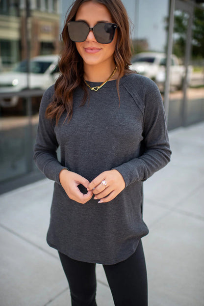 Dark Grey Solid Color Thermal Knit Exposed Seam Raglan Sleeve Top