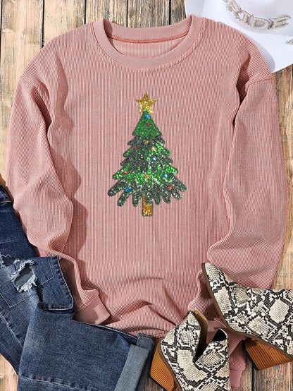Festive Pink Sequin Christmas Tree Oversized Sweatshirt