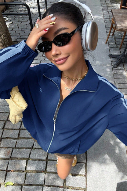 Bluing Bow Embroidered Detail Zip Up Sweatshirt Womens Jacket