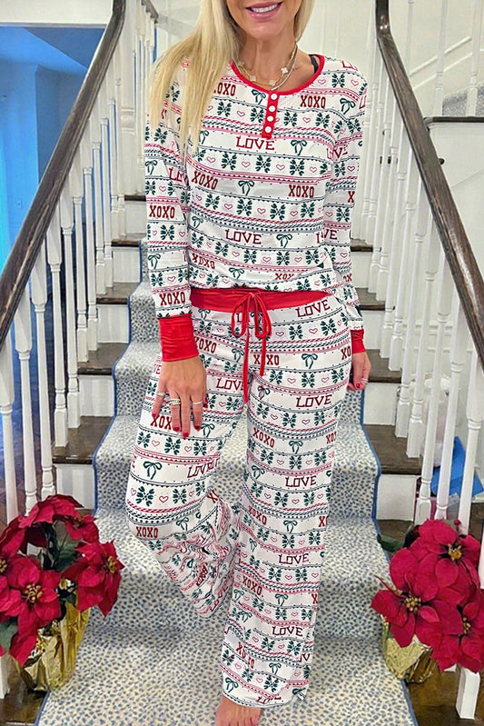 White LOVE XOXO Valentine Print Long Sleeve Pants Lounge Set