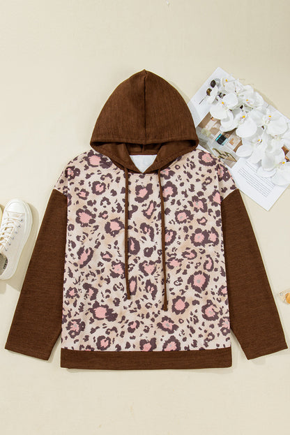 Brown Leopard Print Knit Patchwork Plus Hoodie