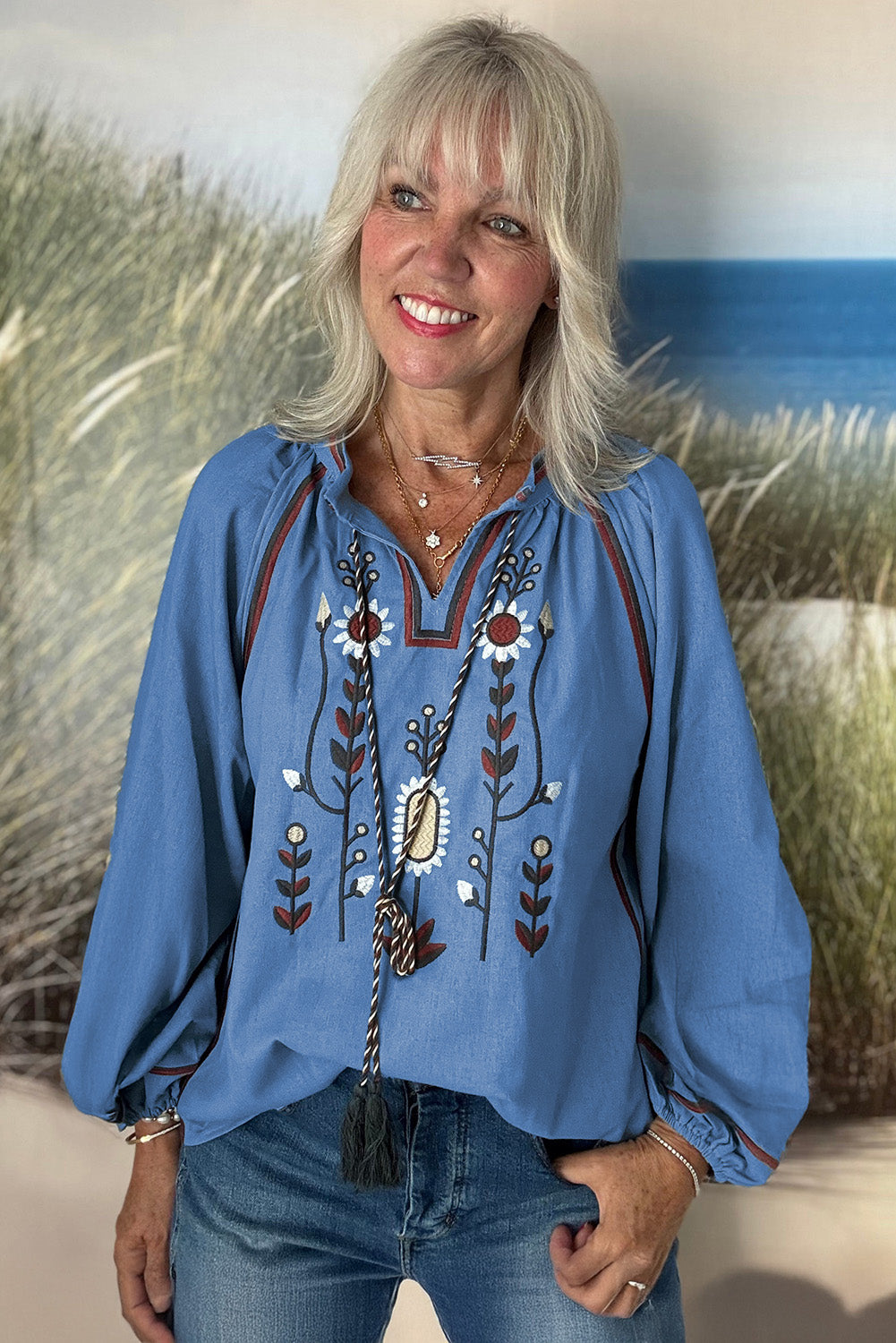 Real Teal Floral Embroidered Split Neck Tassel Tie Puff Sleeve Blouse