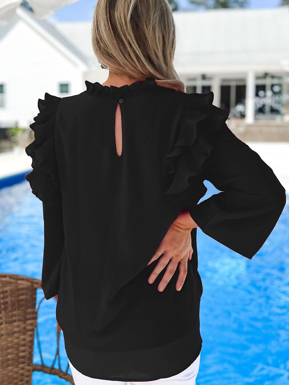 Elegant Black Ruffle Sleeve Keyhole Back Blouse