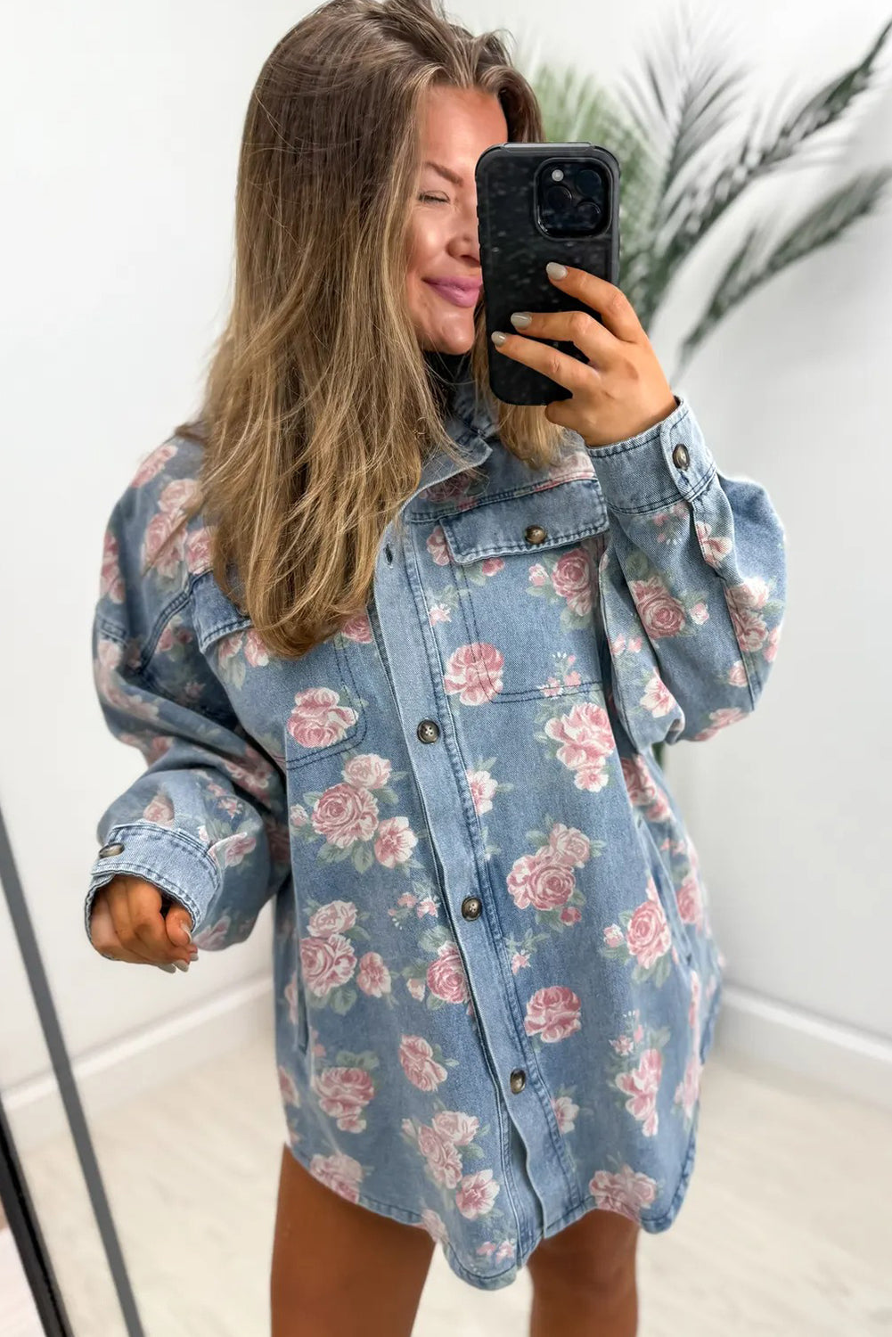 Sky Blue Floral Pattern Flap Pockets Loose Denim Shacket