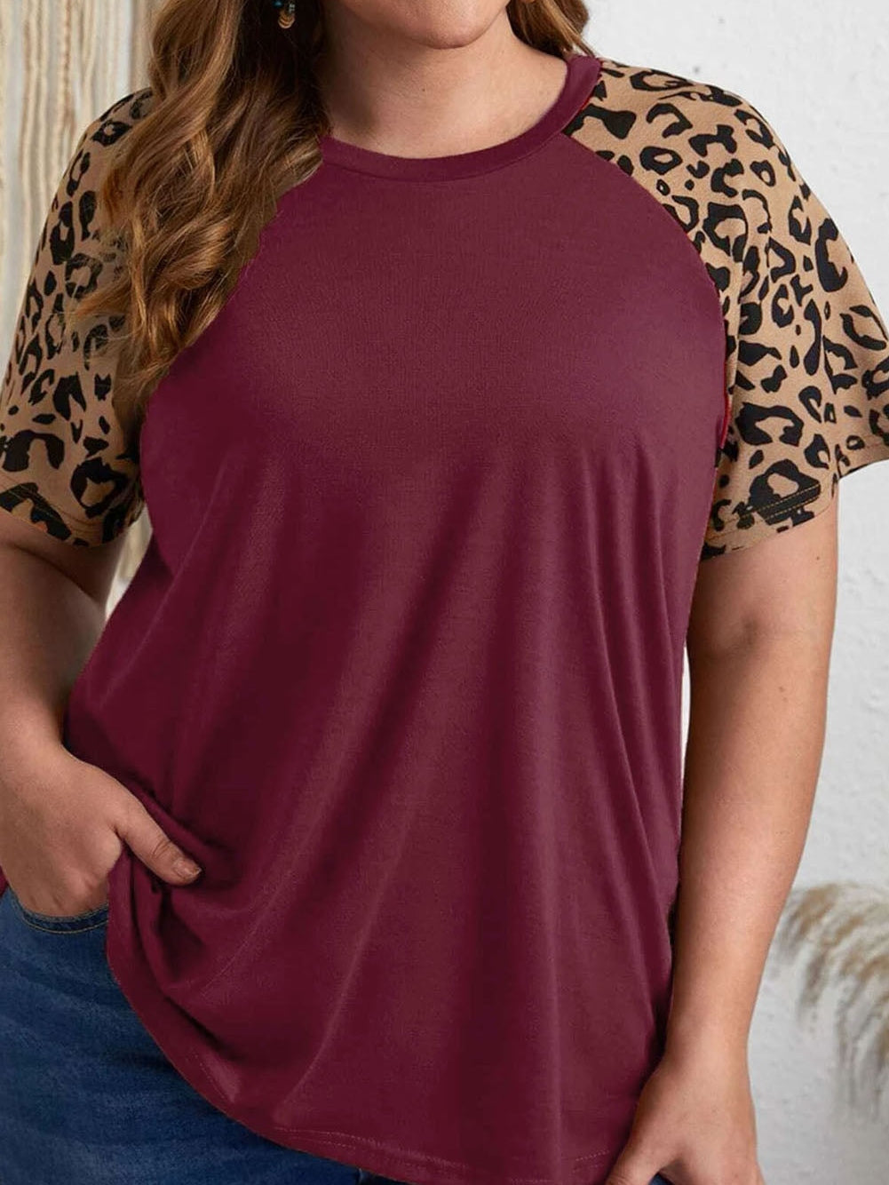Leopard Print Raglan Sleeve Burgundy Plus Size Tee