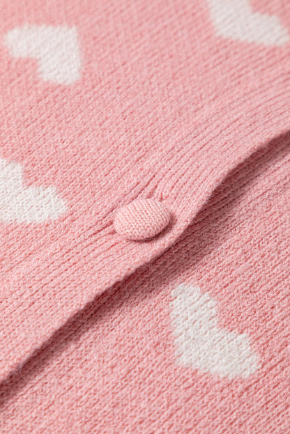 Light Pink Heart Pattern Button Front Cardigan Sweater