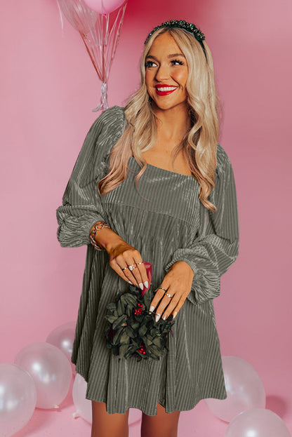 Gray Tie Back Square Neck Velvet Babydoll Dress