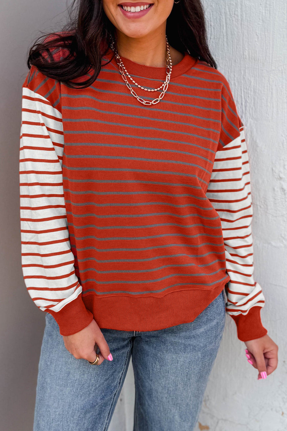Orange Stripe Contrast Sleeve Patchwork Drop Shoulder Long Sleeve Sweatshirt