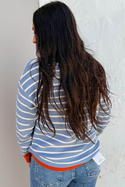 Sky Blue Stripe Ribbed Color Block Detail Drop Shoulder Sweater
