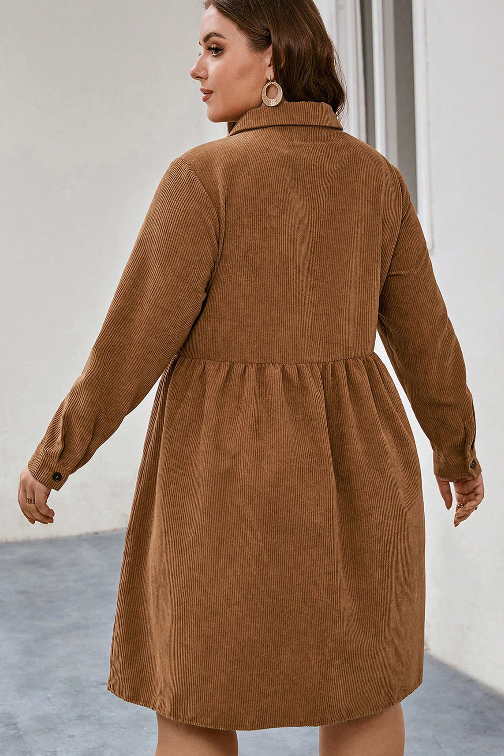 Camel Corduroy Full Buttoned Collared Shirt Style Plus Size Dress