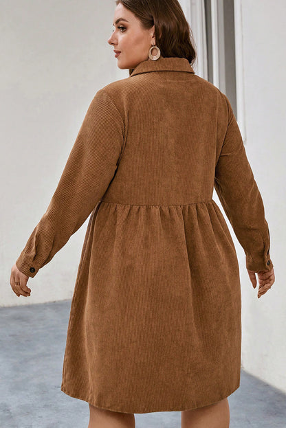 Camel Corduroy Full Buttoned Collared Shirt Style Plus Size Dress