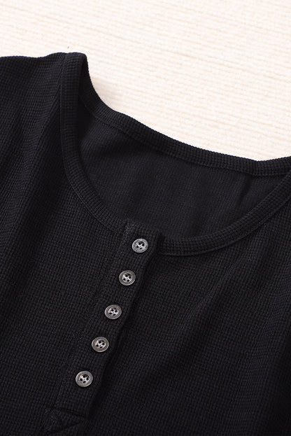 Elegant Black Waffle Knit Henley Top with Button Front