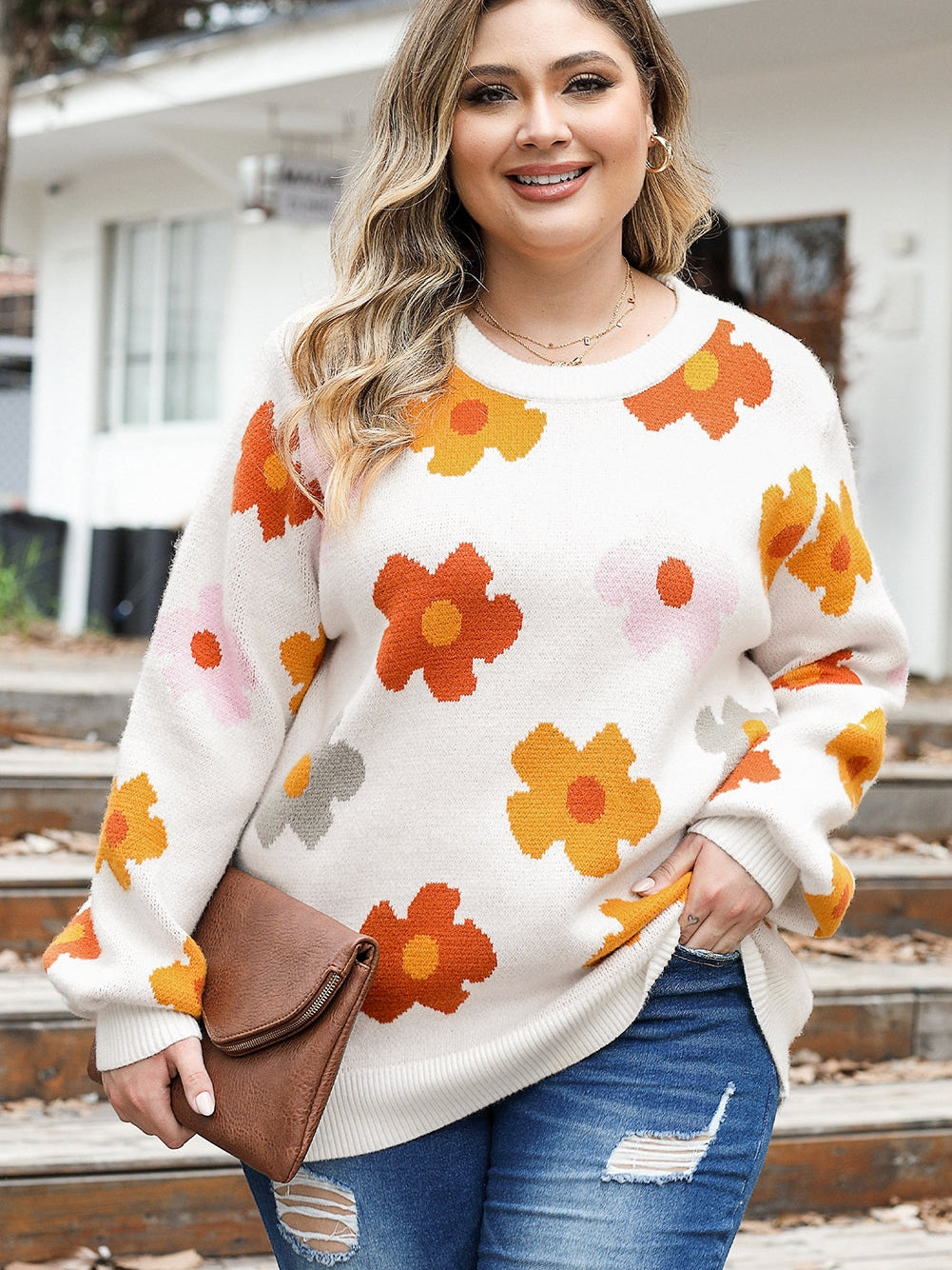 White Floral Ribbed Trim Plus Size Casual Sweater