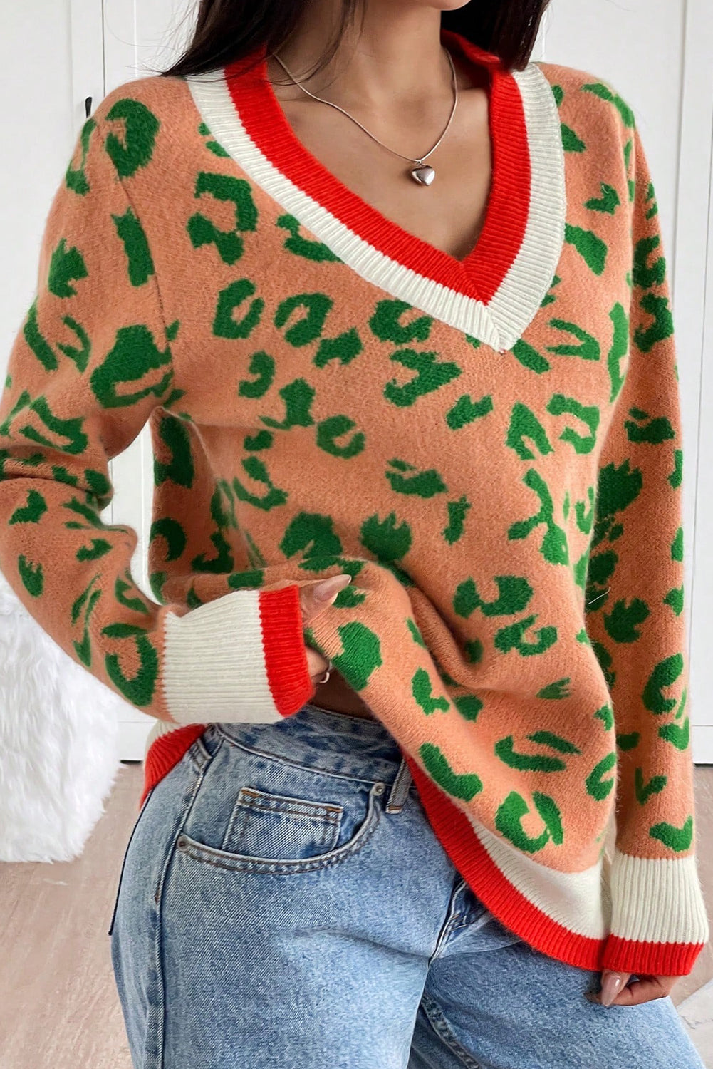 Orange Leopard Pattern Knit Contrast Striped Trim V Neck Sweater