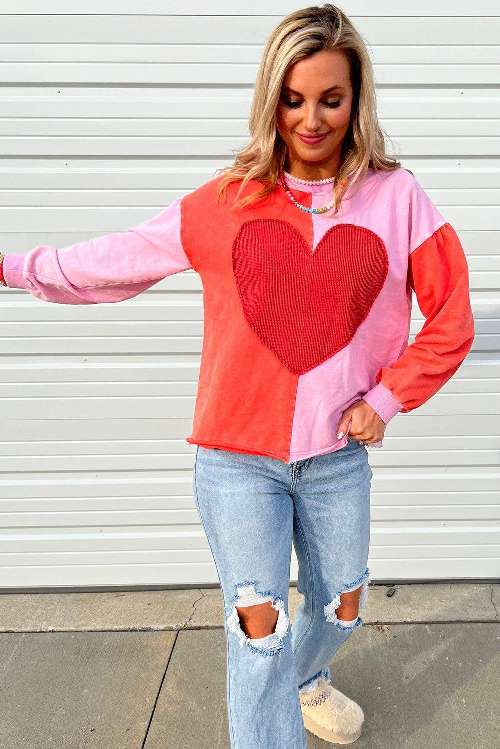 Fiery Red Big Heart Patched Color Block Patchwork Drop Shoulder Long Sleeve Top