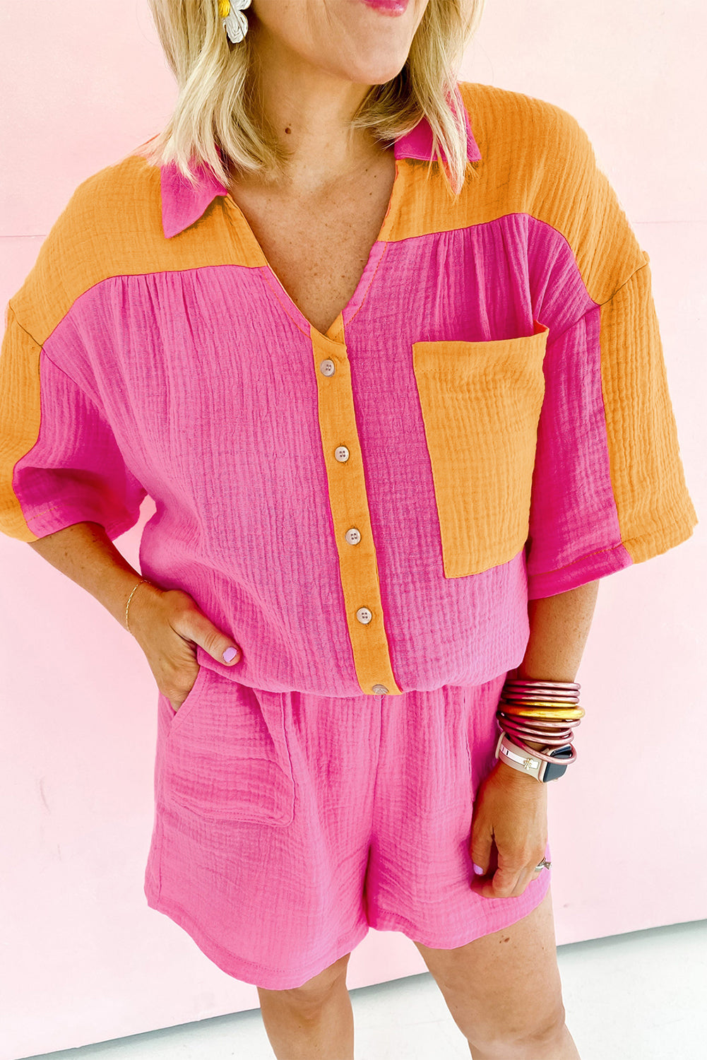 Rose Red Plus Size Color Block Lounge Set with Crinkle Texture