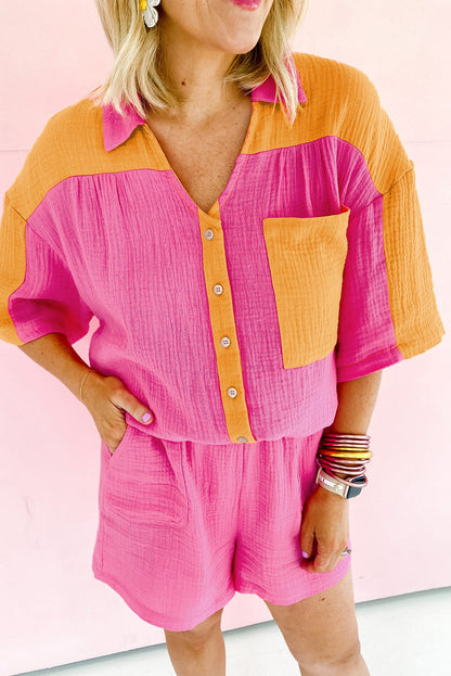 Rose Red Plus Size Color Block Lounge Set with Crinkle Texture