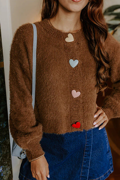 Coffee Contrast Heart Button Plush Knit Sweater Cardigan