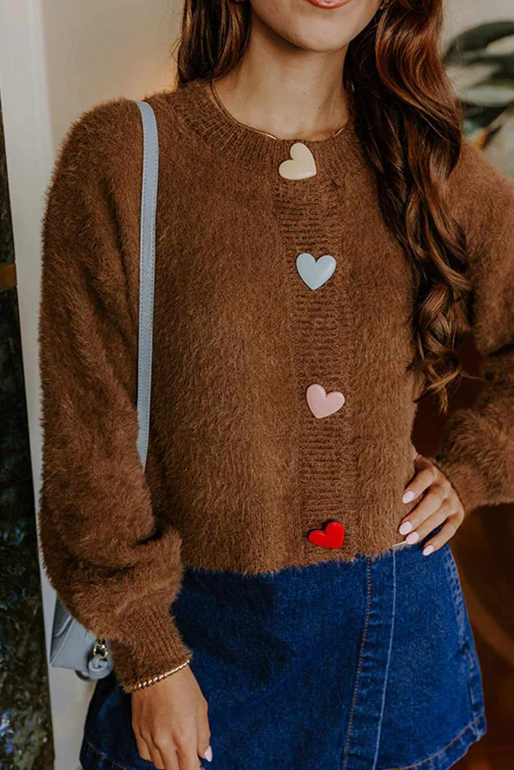 Coffee Contrast Heart Button Plush Knit Sweater Cardigan