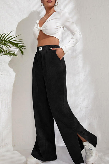 Black Solid Color Split Hem Wide Leg Corduroy Pants