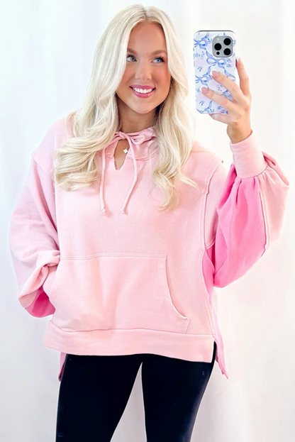 Light Pink Color Block Patchwork Balloon Sleeve Kangaroo Pouch High Low Hoodie