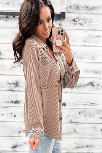 Smoke Gray Twisted Ribbed Button Down Single Chest Pocket Casual Shacket