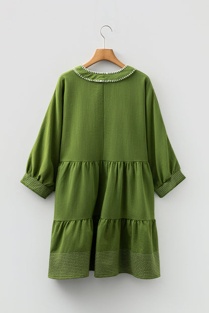 Jungle Green Contrast Stitched V Neck 3/4 Sleeve Tiered Mini Dress