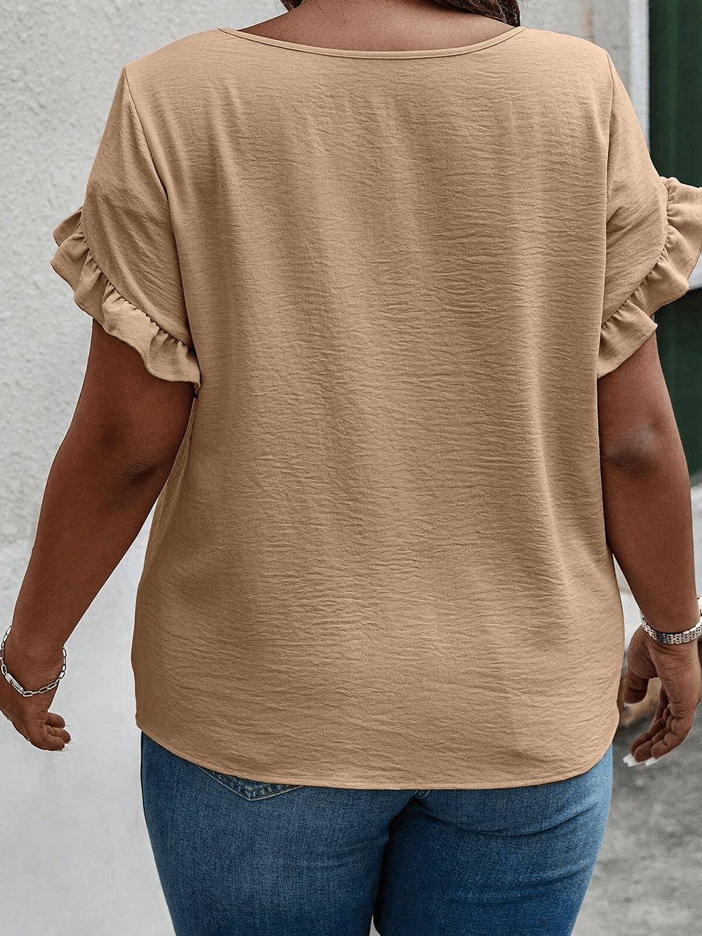 Light Beige Ruffle Sleeve Plus Size Top for a Chic Look