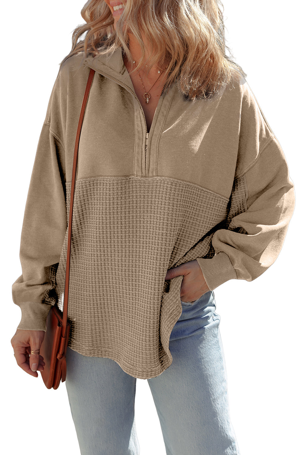 Parchment Waffle Knit Patchwork Half Zipped Casual Sweatshirt