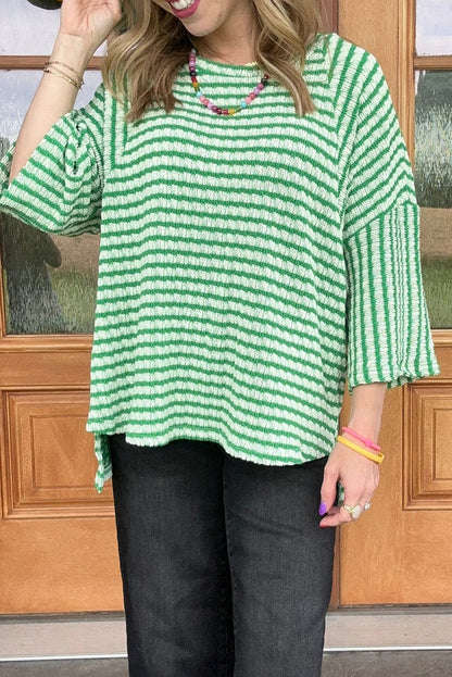 Green Stripe Bracelet Sleeve High Low Casual Top