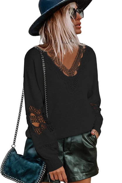 Elegant Black Lace V-Neck Knit Sweater with Hollow Details