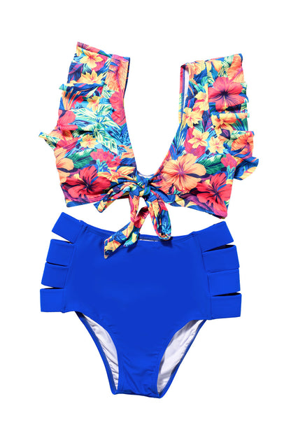 Floral Print Ruffle Trim High Waisted Bikini Set in Ocean Blue