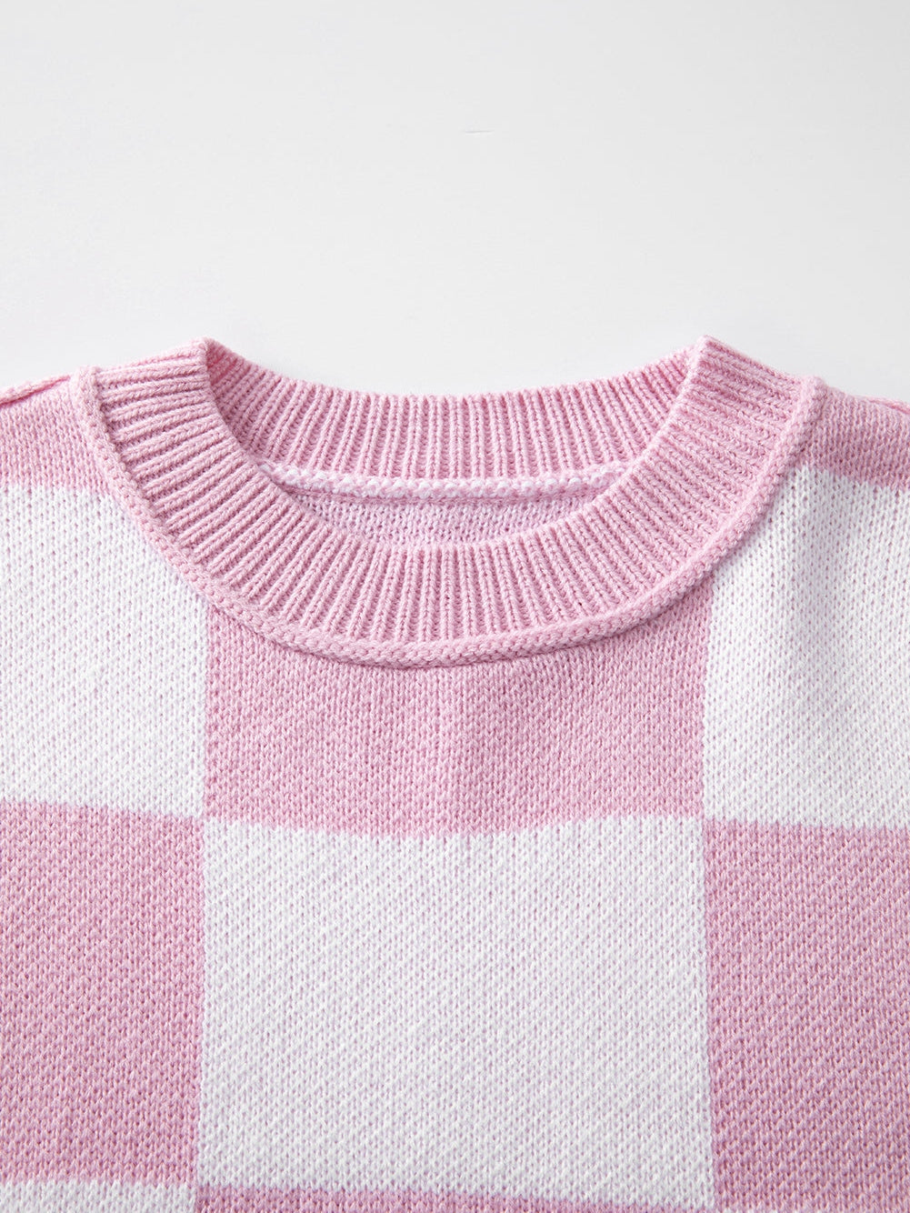 Elegant Pink Plaid Bishop Sleeve Knit Sweater