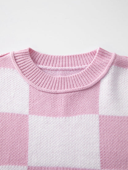 Elegant Pink Plaid Bishop Sleeve Knit Sweater