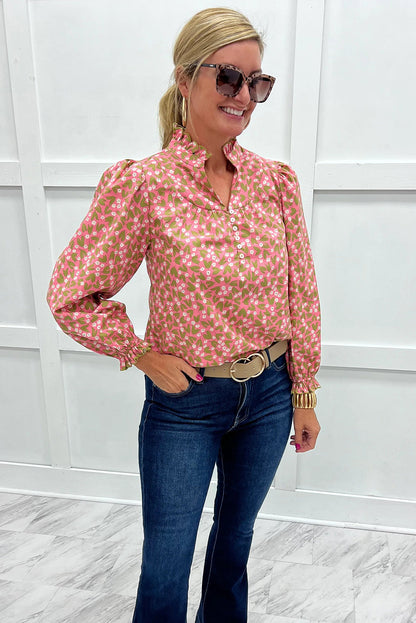 Pink Floral Print Frilled Collar Ruffled Long Sleeve Blouse