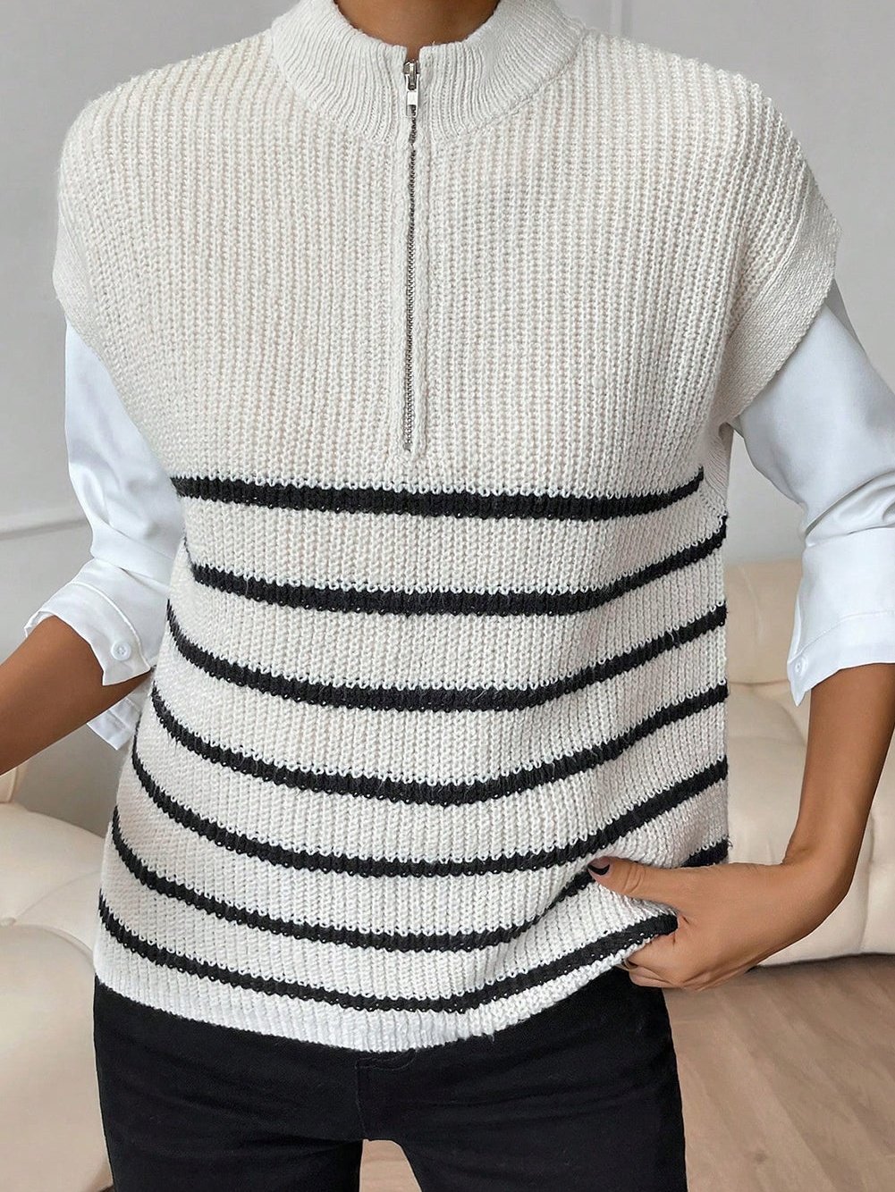 Elegant White Striped Half Zip Stand Neck Sweater Tee