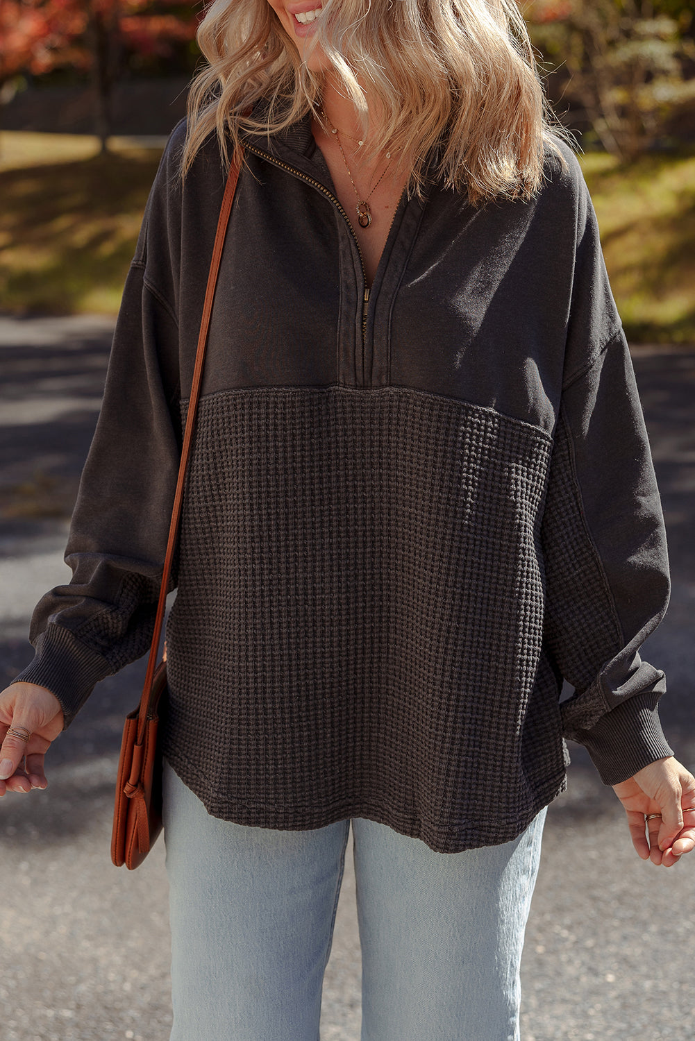 Carbon Grey Waffle Knit Patchwork Half Zipped Casual Sweatshirt