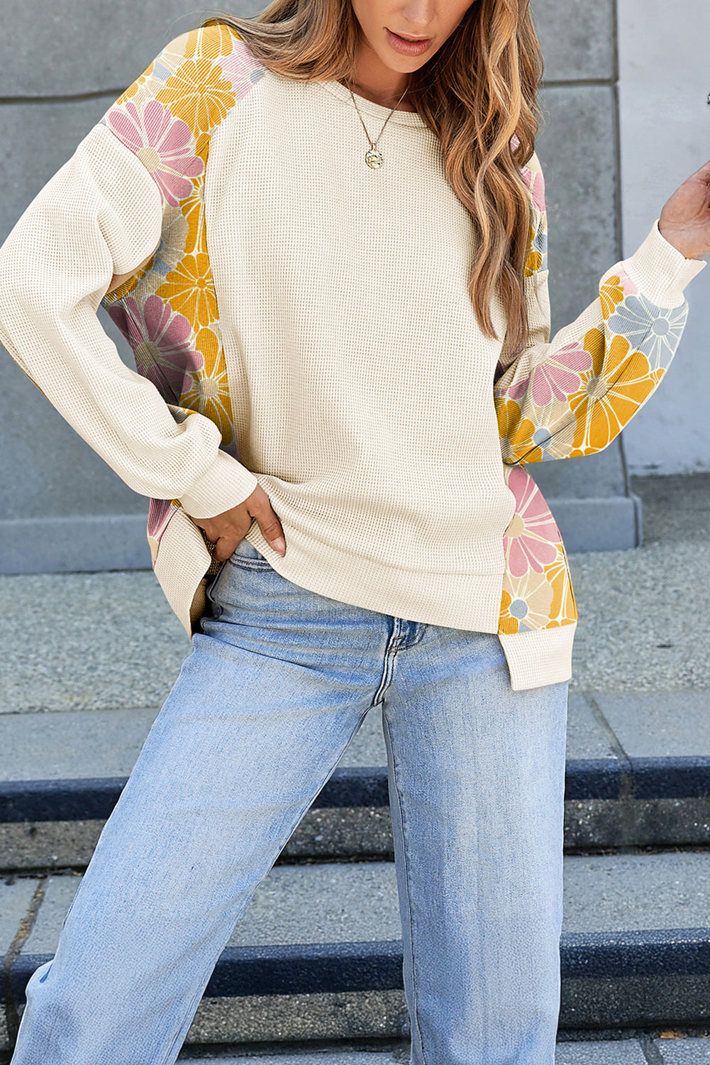 Beige Waffle Mix Texture Floral Patchwork Long Sleeve Loose Top