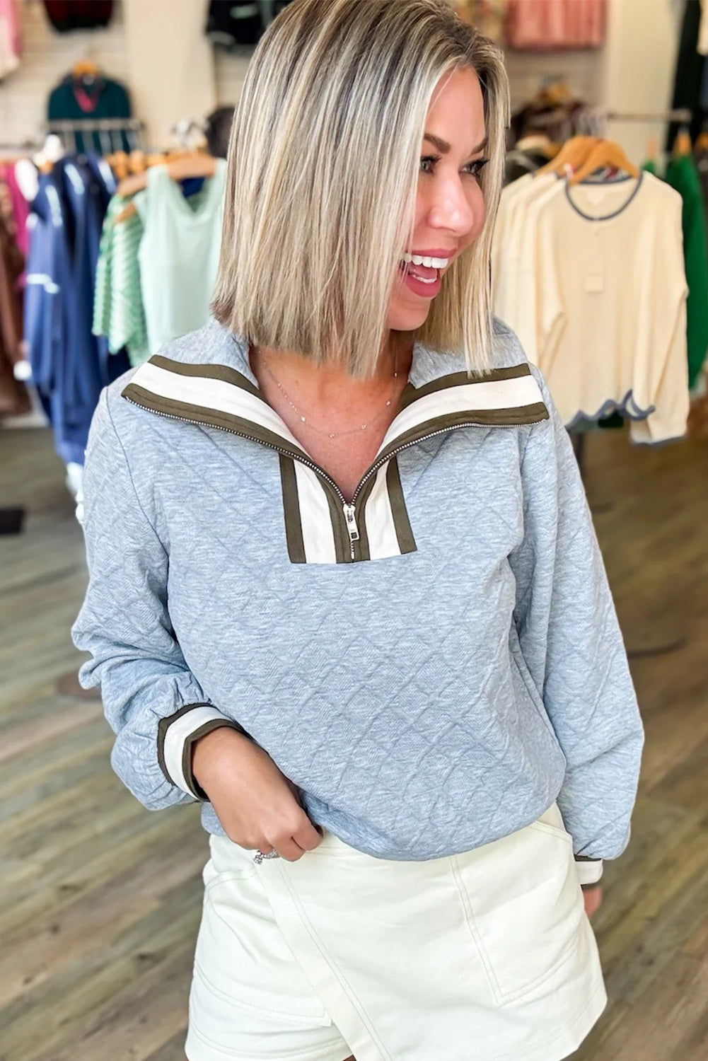 High-rise Rhombus Texture Zip Striped Collar Patchwork Loose Sweatshirt