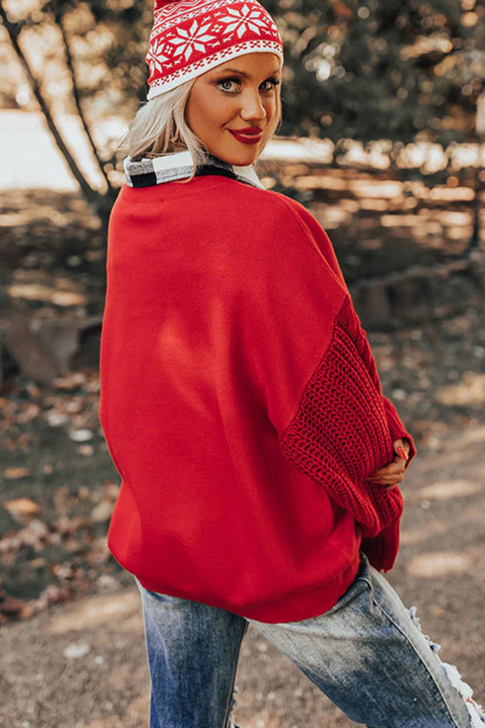 Fiery Red Cable Knit Textured Patchwork Sleeve Slouchy Sweater