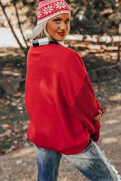 Fiery Red Cable Knit Textured Patchwork Sleeve Slouchy Sweater