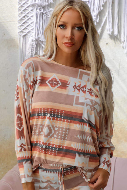 Aztec Bliss Multicolour Lounge Set with Puff Sleeves and Wide Leg Pants