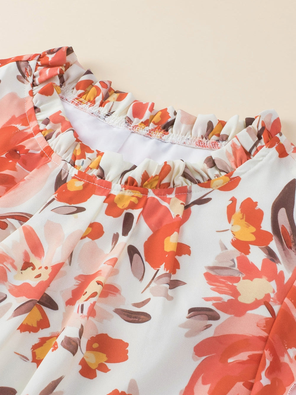 Vibrant Crimson Frilled Neck Ruffle Sleeveless Floral Dress