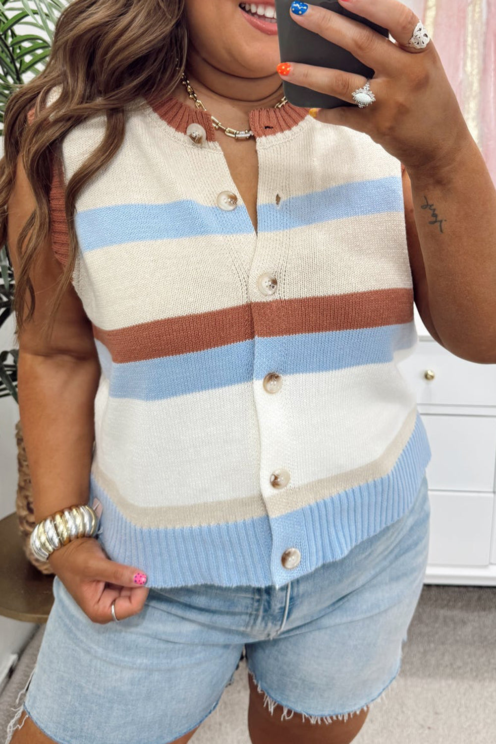 Brown Stripe Buttoned Front Round Neck Plus Size Cardigan Vest