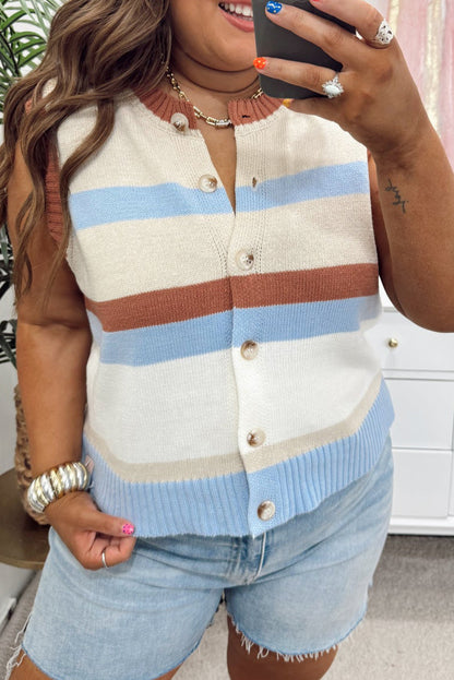 Brown Stripe Buttoned Front Round Neck Plus Size Cardigan Vest