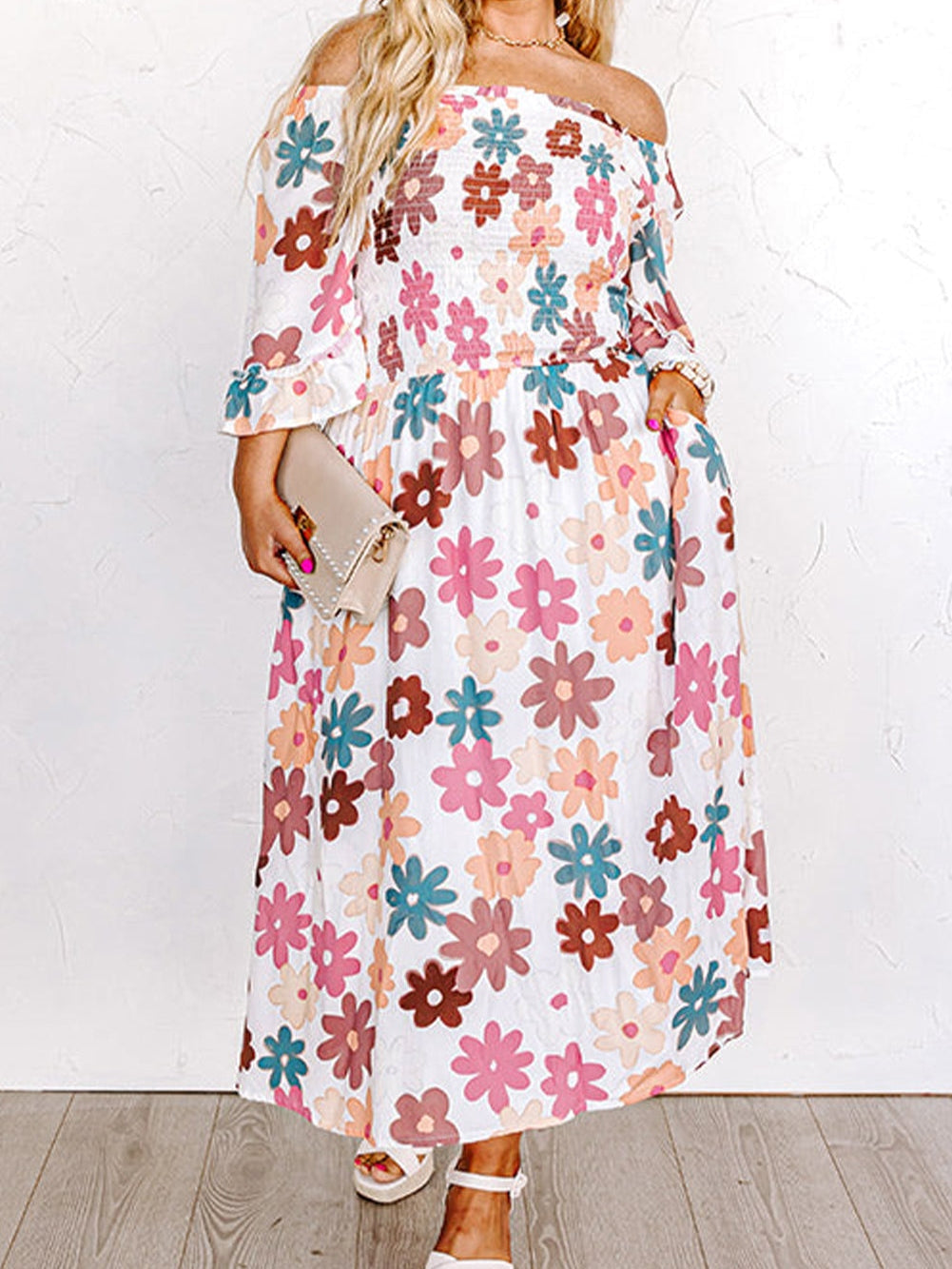 Floral Print Smocked Off Shoulder Plus Size Midi Dress in White